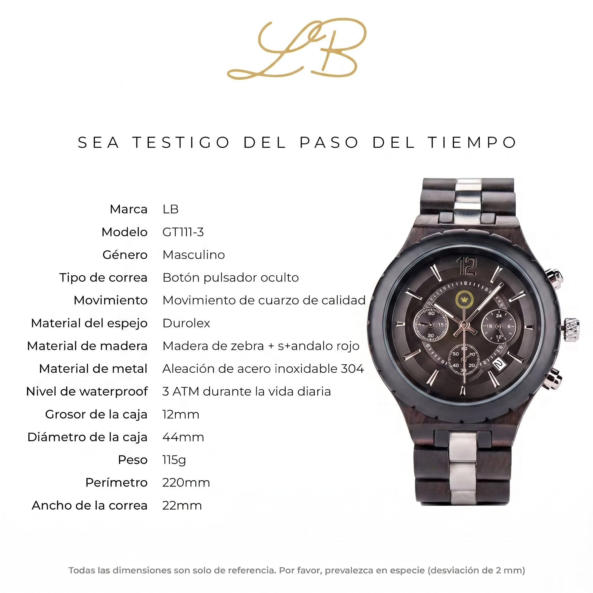 Reloj de Madera Personalizable con Grabado para Hombre Estilo Cronógrafo – Estuche de Madera Premium · Regalo Original - Imagen 7