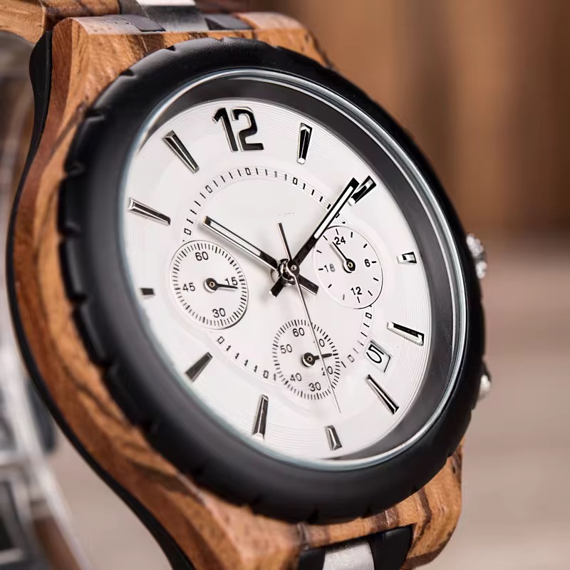 Reloj de Madera para Hombre Estilo Cronógrafo – Reloj de Pulsera Elegante con Estuche de Madera Premium · Regalo Original - Imagen 6
