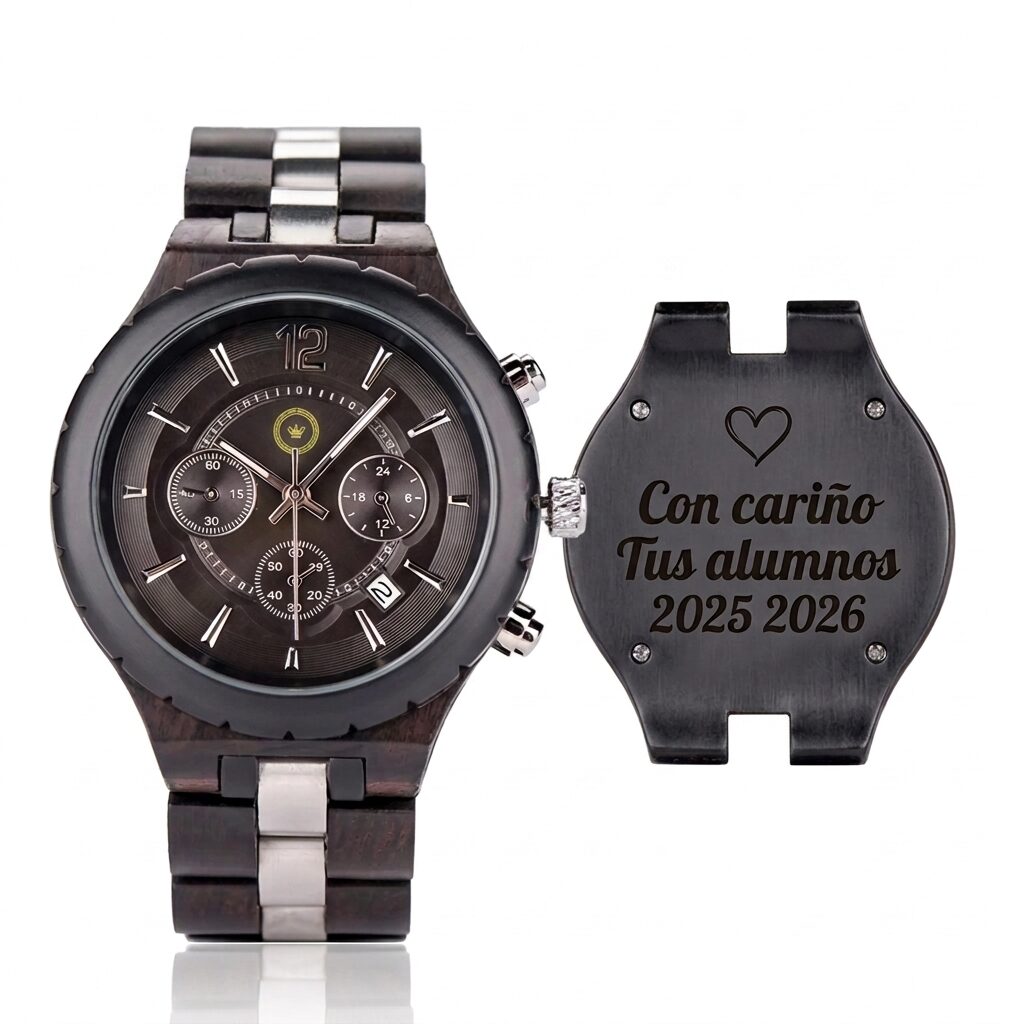 Reloj de Madera Personalizable con Grabado para Hombre Estilo Cronógrafo – Estuche de Madera Premium · Regalo Original