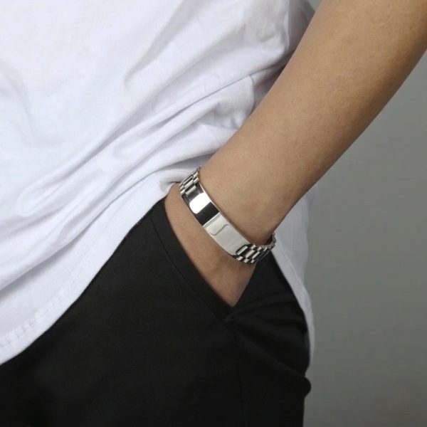 Pulsera Personalizable de Acero con Grabado – Brazalete de Eslabones para Hombre con Placa Grabable · Regalo Original - Imagen 5