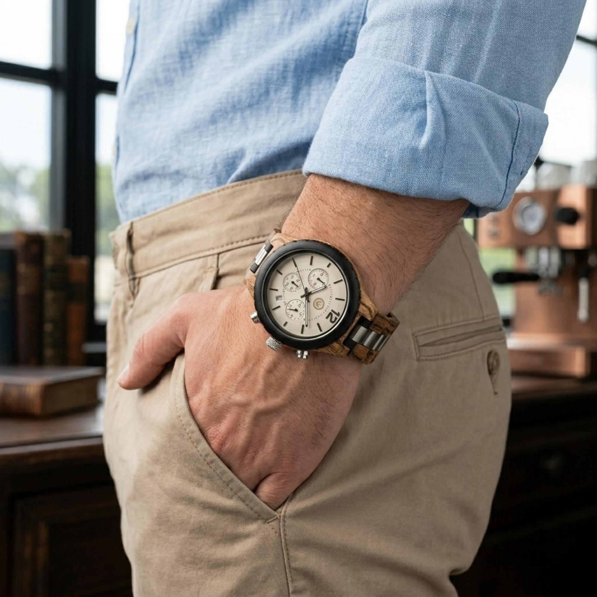 Reloj de Madera para Hombre Estilo Cronógrafo – Reloj de Pulsera Elegante con Estuche de Madera Premium · Regalo Original - Imagen 3