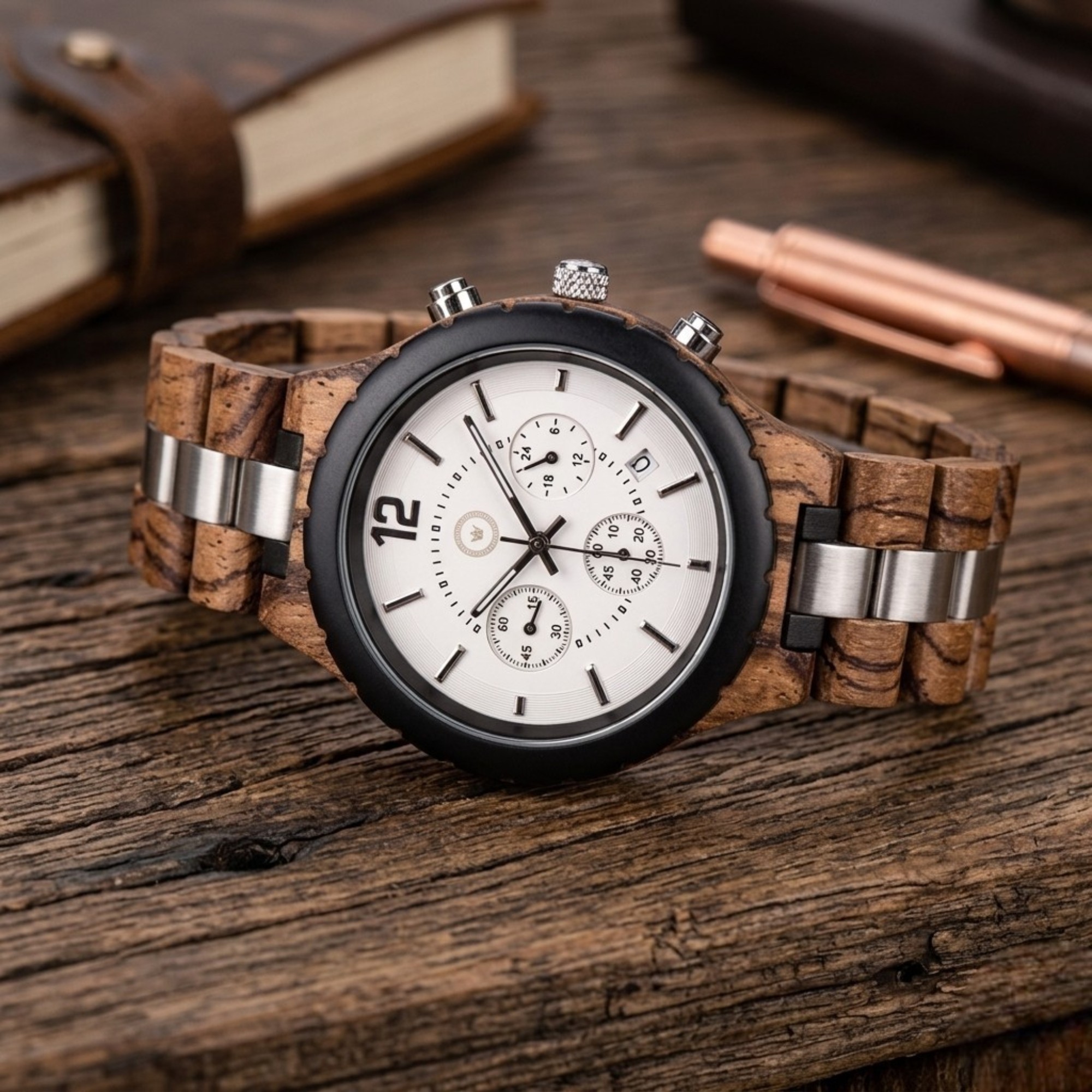 Reloj de Madera para Hombre Estilo Cronógrafo – Reloj de Pulsera Elegante con Estuche de Madera Premium · Regalo Original - Imagen 8