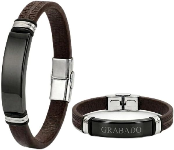 Pulsera Piel Personalizable Hombre-Grabado Personalizado Nombre Fecha-Ajustable Cierre Seguro