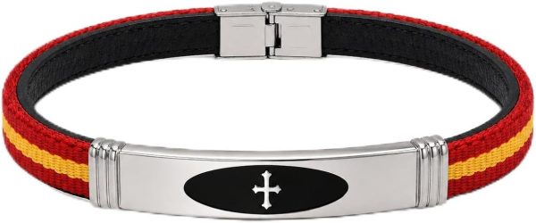 Pulsera Bandera de España Cuero Negro y Acero