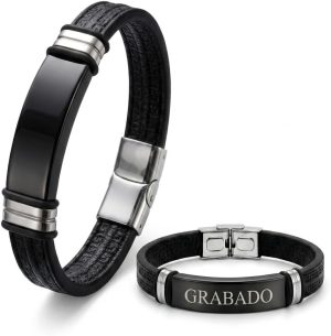 Pulsera Piel Personalizable Hombre-Grabado Personalizado Nombre Fecha-Ajustable Cierre Seguro