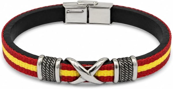 Pulsera Bandera de España Cuero Negro y Acero