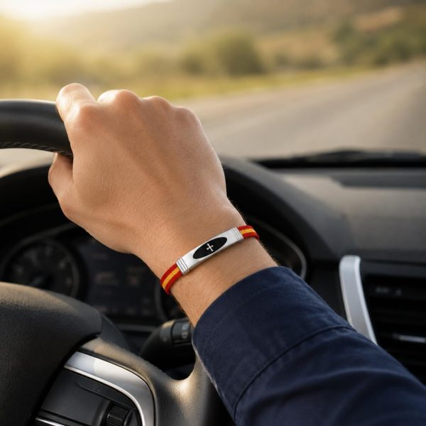 Pulsera Bandera de España Cuero Negro y Acero