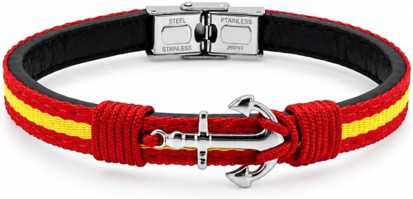 Pulsera Bandera de España Cuero Negro y Acero