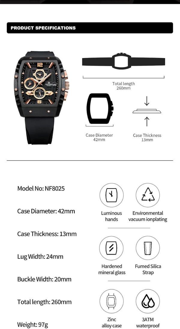 Naviforce Reloj Reloj de Pulsera Moda Hollow Big Dial Luminoso Impermeable Deporte Analógico Cuarzo Negocios