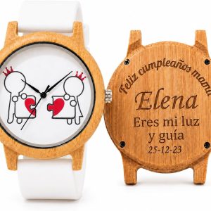 Reloj Madera Bambú Personalizado Mujer Correa Silicona - Grabado Personalizable