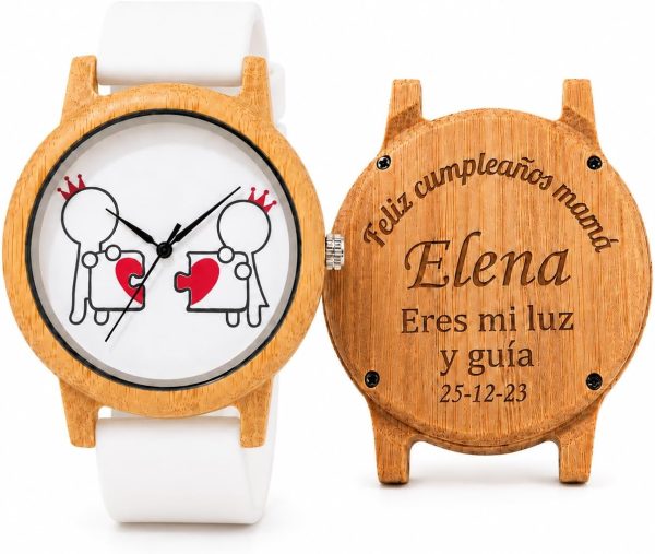 Reloj Madera Bambú Personalizado Mujer Correa Silicona - Grabado Personalizable