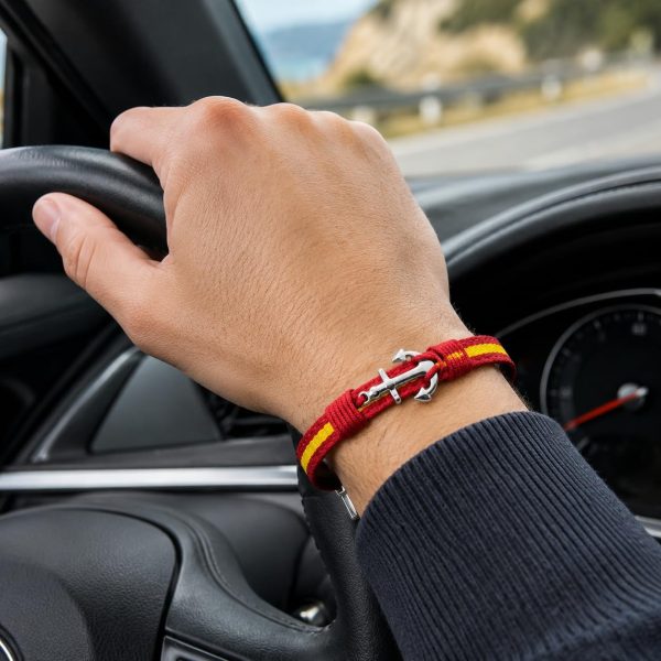 Pulsera Bandera de España Cuero Negro y Acero