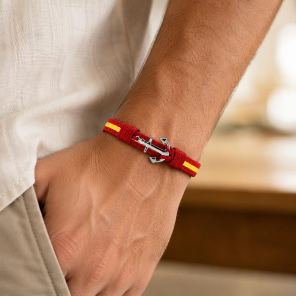 Pulsera Bandera de España Cuero Negro y Acero
