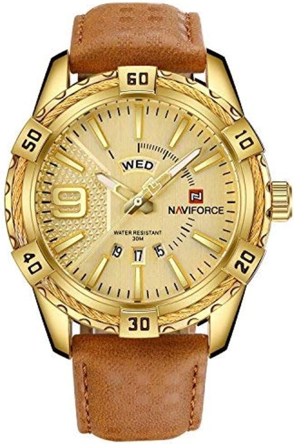 Naviforce Hombres de Lujo Relojes Deportivos Relojes de Cuarzo de Cuero a Prueba de Agua Reloj de Oro Fecha