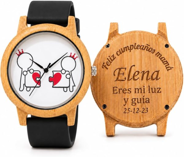 Reloj Madera Bambú Personalizado Mujer Correa Silicona - Grabado Personalizable