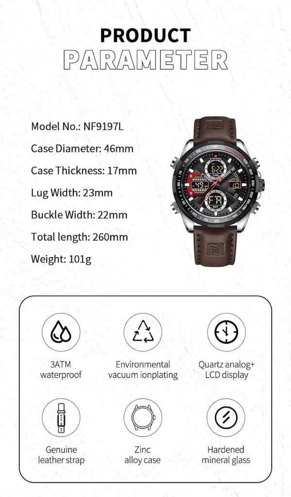 Naviforce Relojes Digitales Militares de para Hombres Reloj de Pulsera de Cuero Multifuncional de Cuarzo