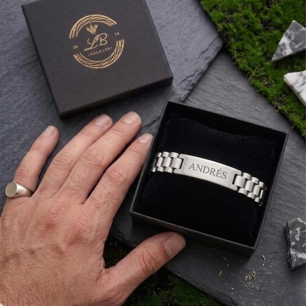 Pulsera Hombre Acero Inoxidable-Pulseras con Placa Grabable Personalizada-Grabado Personalizado Nombre