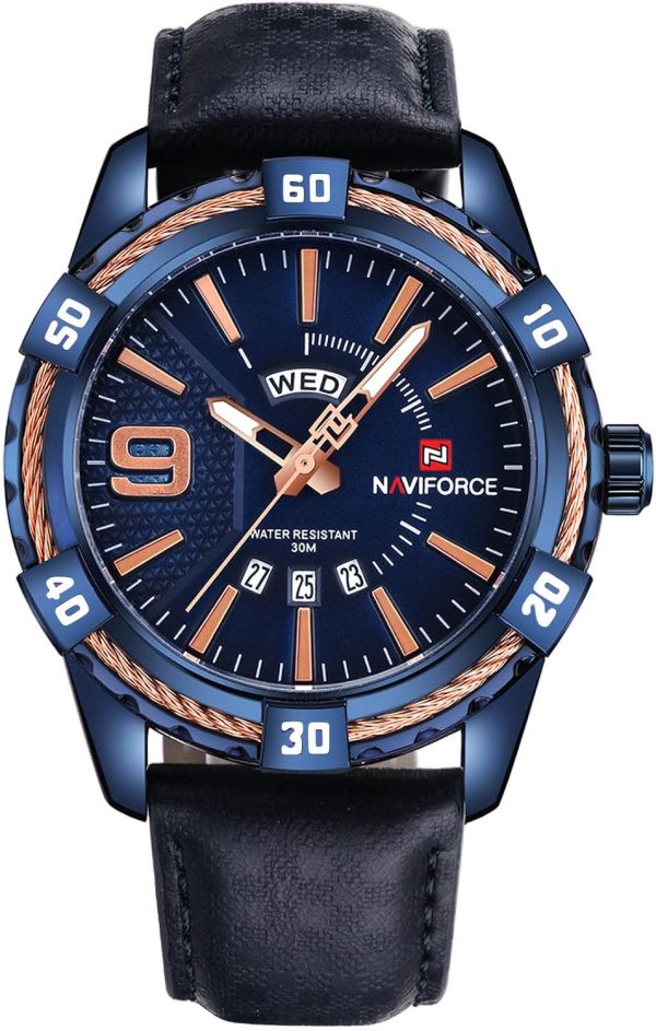 Naviforce Hombres de Lujo Relojes Deportivos Relojes de Cuarzo de Cuero a Prueba de Agua Reloj de Oro Fecha