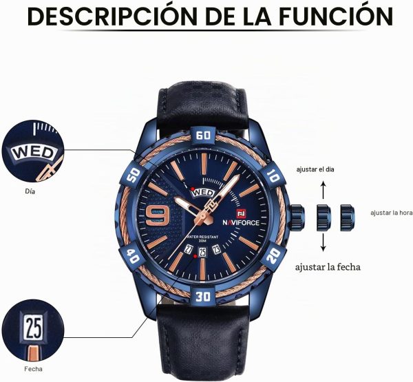 Naviforce Hombres de Lujo Relojes Deportivos Relojes de Cuarzo de Cuero a Prueba de Agua Reloj de Oro Fecha