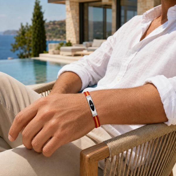 Pulsera Bandera de España Cuero Negro y Acero
