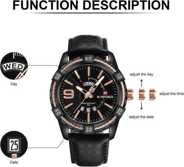 Naviforce Hombres de Lujo Relojes Deportivos Relojes de Cuarzo de Cuero a Prueba de Agua Reloj de Oro Fecha