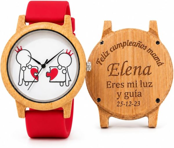 Reloj Madera Bambú Personalizado Mujer Correa Silicona - Grabado Personalizable