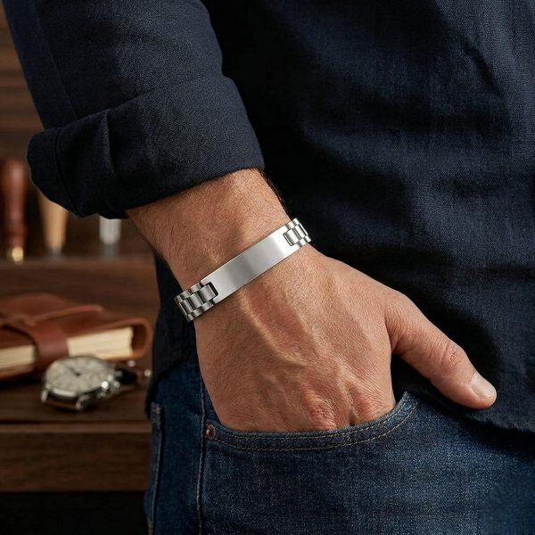 Pulsera Hombre Acero Inoxidable-Pulseras con Placa Grabable Personalizada-Grabado Personalizado Nombre