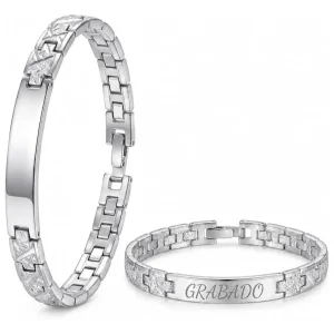 Pulsera de acero inoxidable plateada personalizada con placa grabada