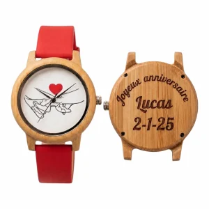 Reloj de bambú personalizado con correa roja y grabado trasero