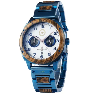 Reloj de madera y acero azul con esfera blanca grabado personalizado