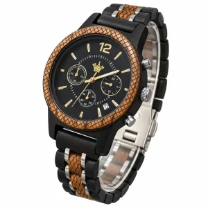 Reloj de madera unisex cronógrafo esfera negra con correa de madera y acero